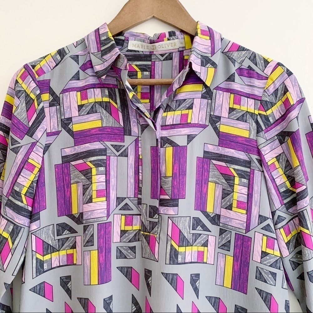 Marie Oliver Grey & Purple Retro Print Silk Shirt Dress XS Maximalist - Picture 2 of 8
